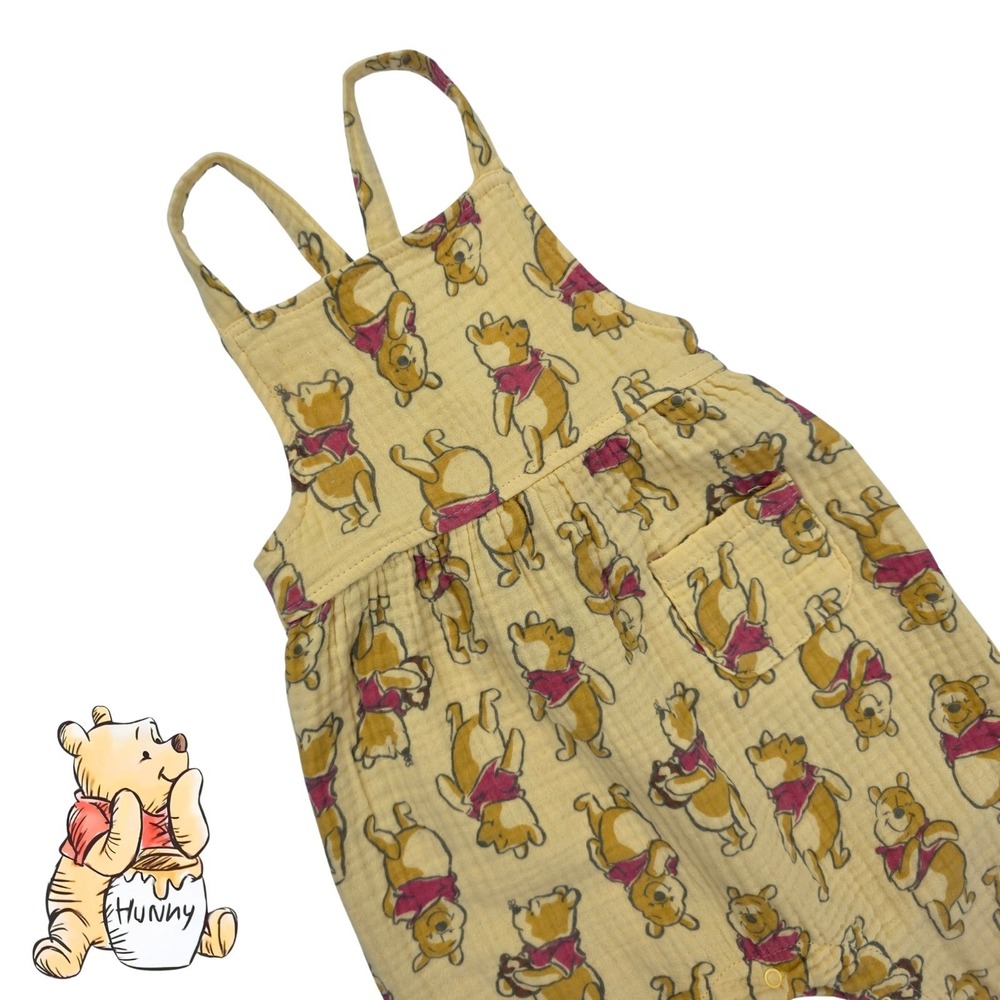 Disney Baby 18 Months Winnie The Pooh Cotton Muslin Overalls Romper Snaps Yellow - Picture 2 of 8